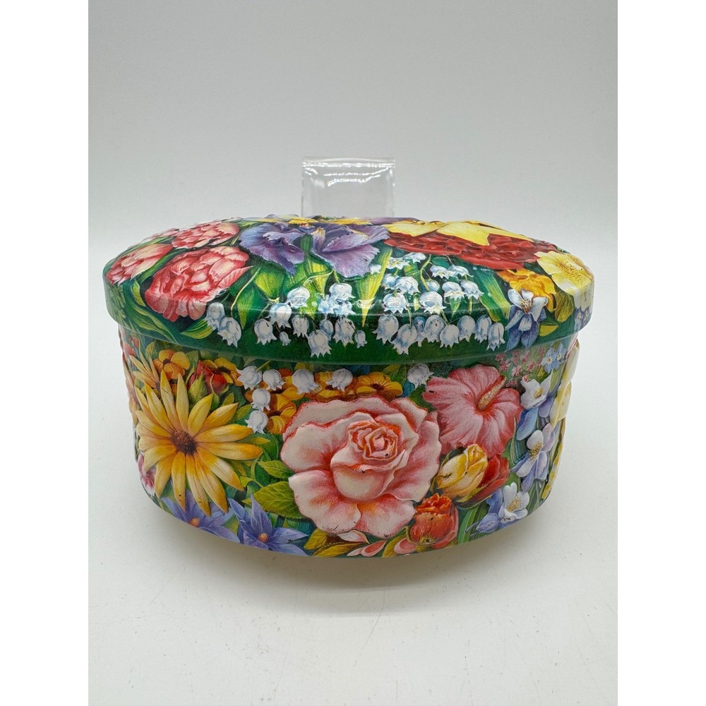 Vintage Churchill's London Flowers Embossed Tin Box Germany 6x3.5" Crystal Drops